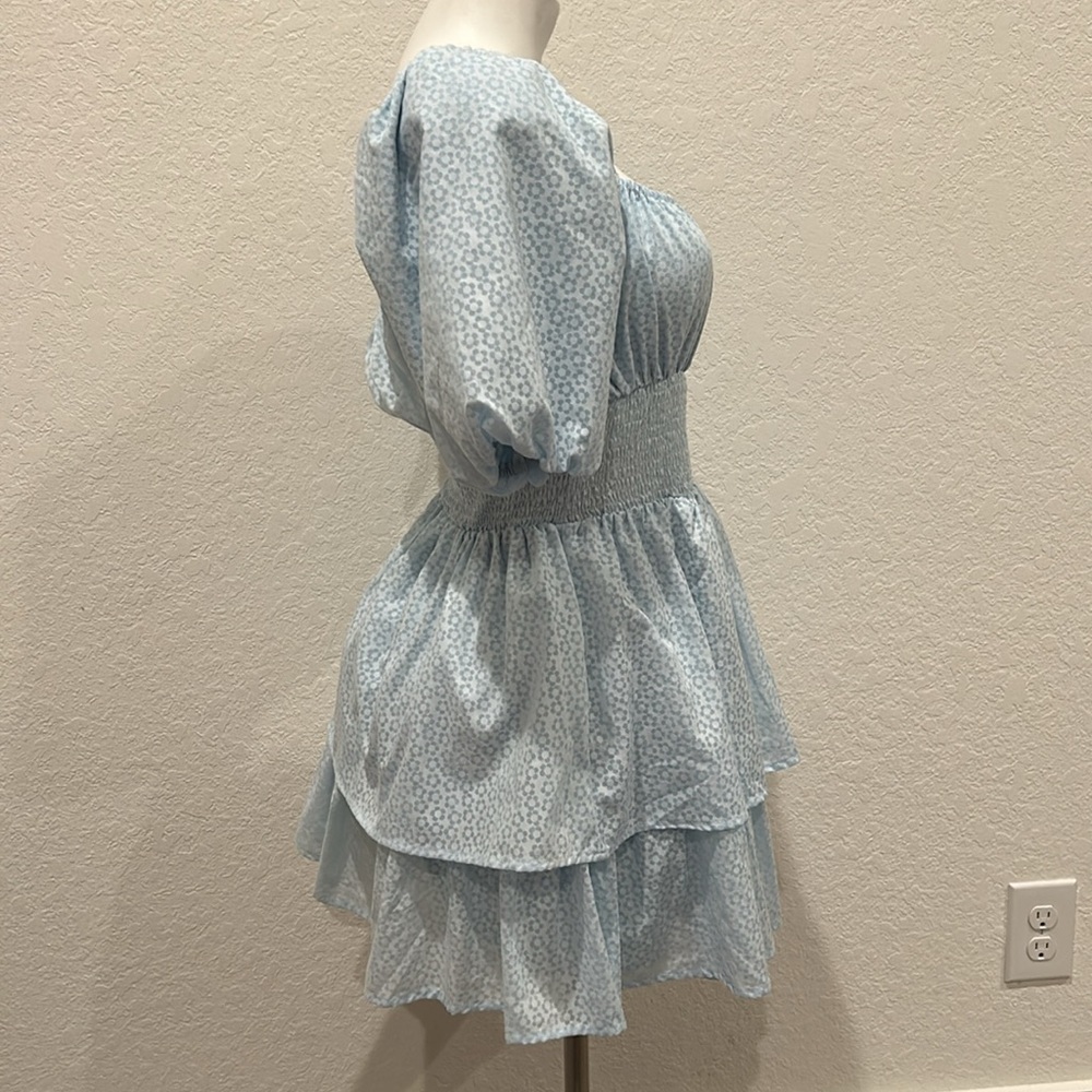 Lulus Tiers To Me Light Blue Puff Sleeve Tiered Skater Mini Dress - Picture 5 of 7